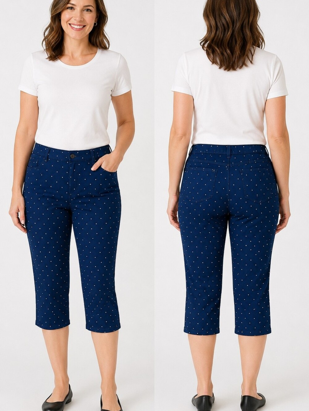 Denim Moves Stretch Pull-On Polkadot Jean Capris Size XL NWOT